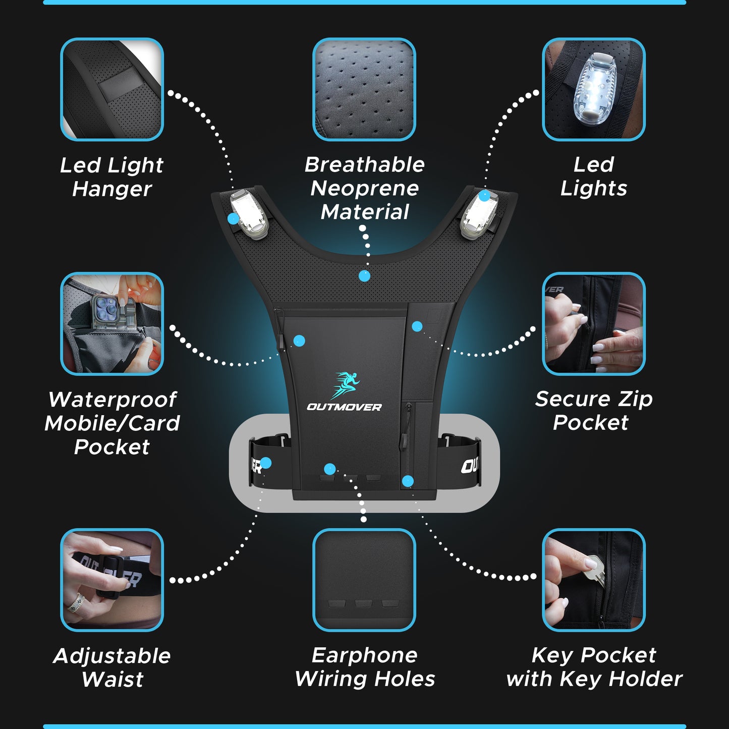 LED Running Vest for Men & Women – Reflective, Lightweight Hydration Pack with 4 Pockets